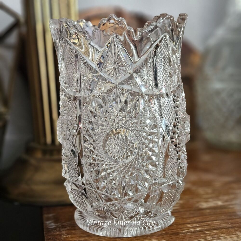 Vtg Brunswick Brilliant Cut Clear Floral Glass Vase Hobstar Sawtooth Rim/ READ